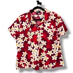 Royal Creations Hawaiian Red Floral Print Button Up Shirt Blouse‎ Top XL